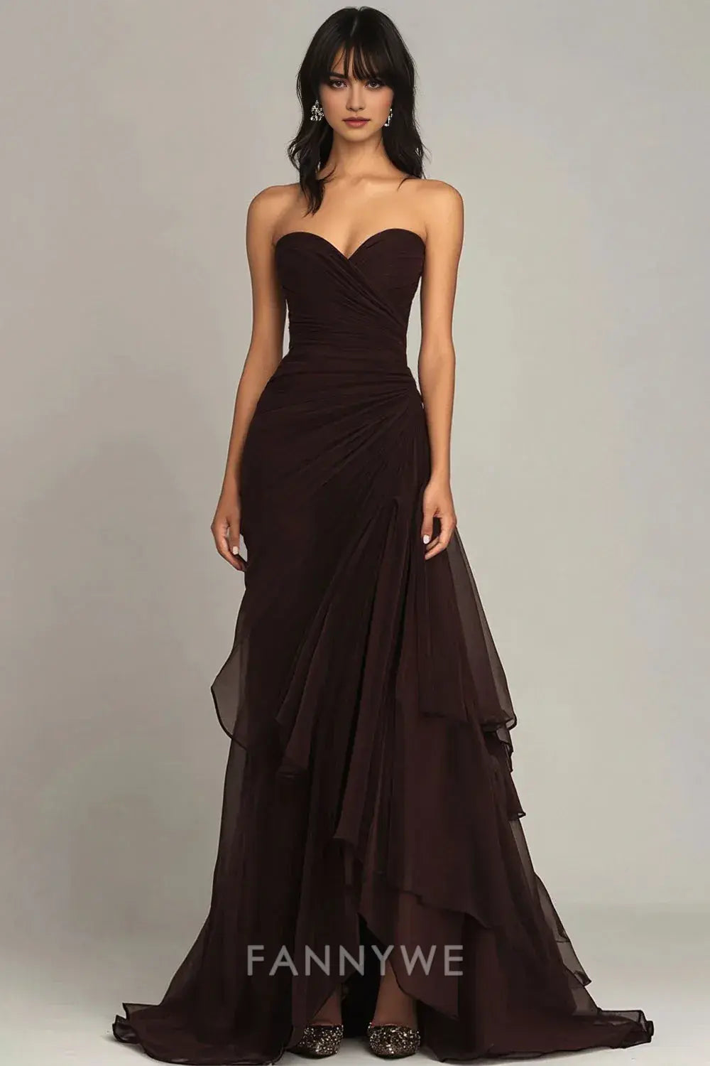 FannyWe Elegante vestido formal con volantes y escote en forma de corazón en marrón oscuro vestidos formales